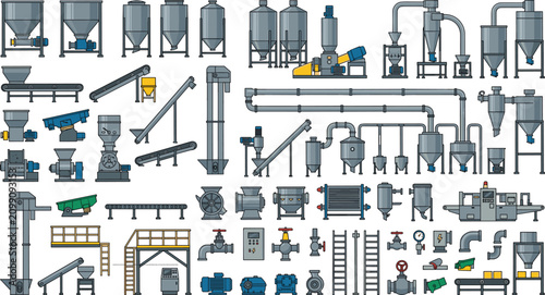 Industrial Factory Machinery and Processing Equipment Vector Set featuring Silos Conveyor Belts Pipelines Valves and Storage Tanks for Manufacturing Plant Designs