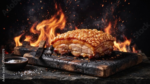 Crispy roasted pork belly with golden crackling, grilled meat on rustic wooden board, barbecue pork over open fire flames and sparks
