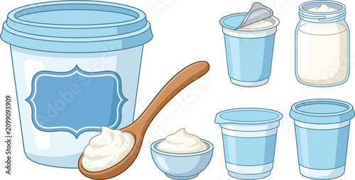 Foto Yogurt and Dairy Product Packaging Vector Icon Set with Plastic Cups, Glass Jar,