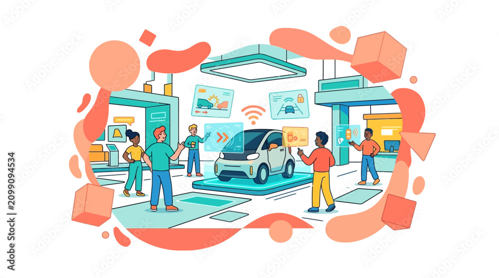 Fototapeta premium Modern Smart Car Technology Exhibition with Diverse People Interacting with Digital Interfaces and Electric Vehicle Innovation