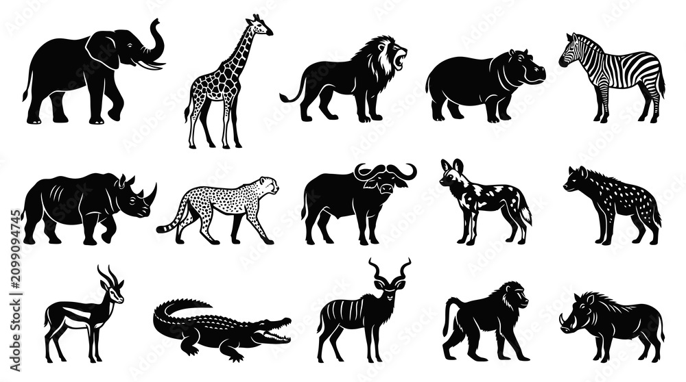 Fototapeta premium African Animals Silhouette Icons Set - Elephant, Lion, Zebra, Giraffe, Hippo