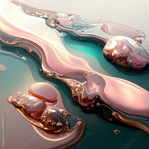 Abstract fluid art with iridescent rose gold and teal ripple on reflective surface, luminous liquid flow