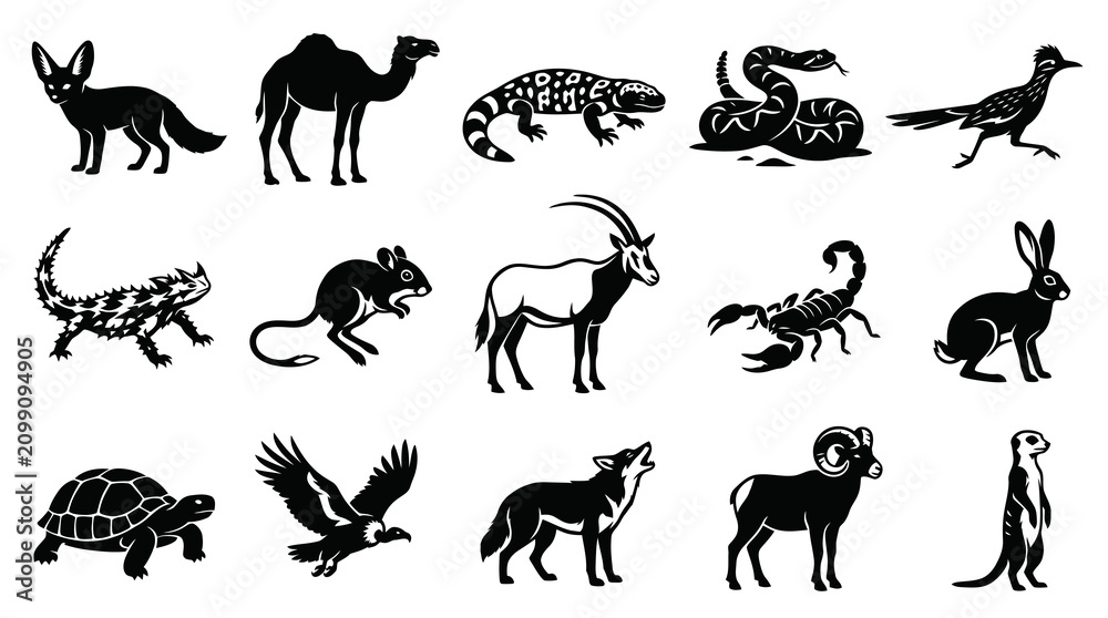 Obraz premium Desert Animals Silhouette Collection - Black White Vector Art