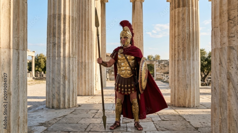 Obraz premium Ancient Greek Warrior Standing Proudly Among Classical Columns.