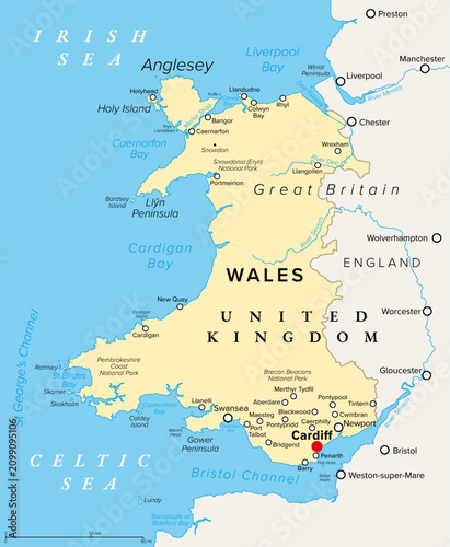 Wales, United Kingdom, political map with capital and largest city Cardiff. Country on the island of Great Britain bordered by England, the Irish Sea, the Celtic Sea, and the Bristol Channel. Vector