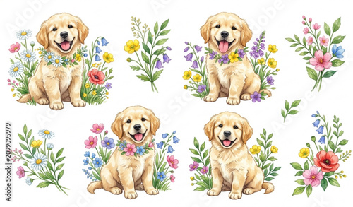 Premium watercolor golden retriever puppy vector pack with colorful flowers and botanical elements