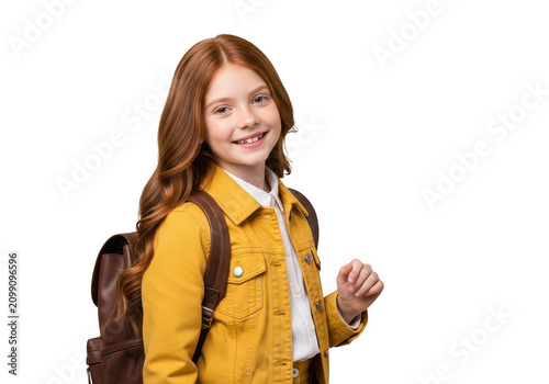 Happy young redheaded girl with a school backpack smiling and looking away to the side