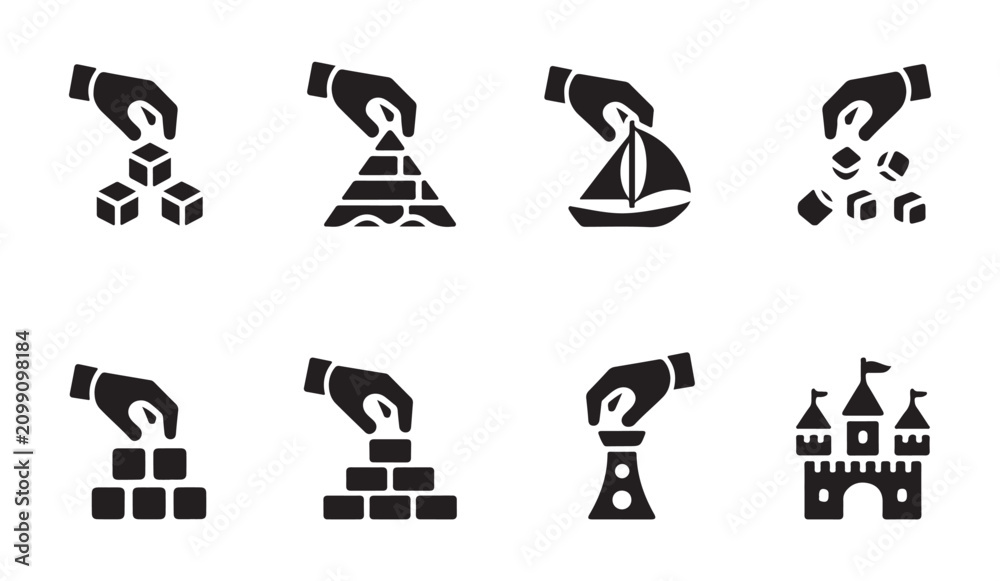 Fototapeta premium Hands building various structures with blocks including castle sailboat and pyramid in black silhouette icons.
