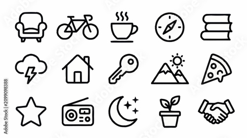 Collection of minimalistic black line icons for various categories.