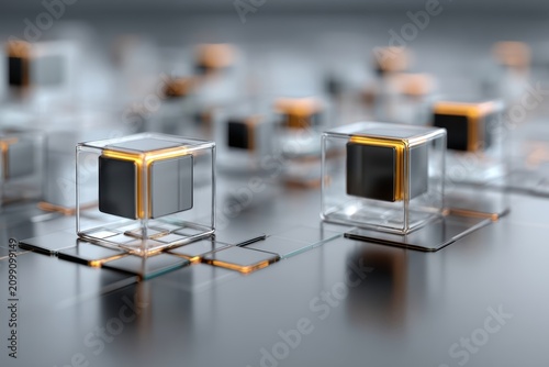 Abstract digital background featuring glass cubes with glowing gold metallic details and technology concept imagery