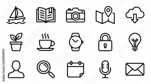 Minimalist black line icons set for various concepts.