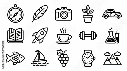 Collection of sixteen black line icons representing various concepts.