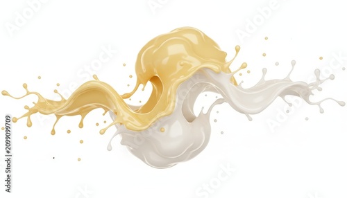 Dynamic splash of white milk and golden honey combined into artistic liquid flow.