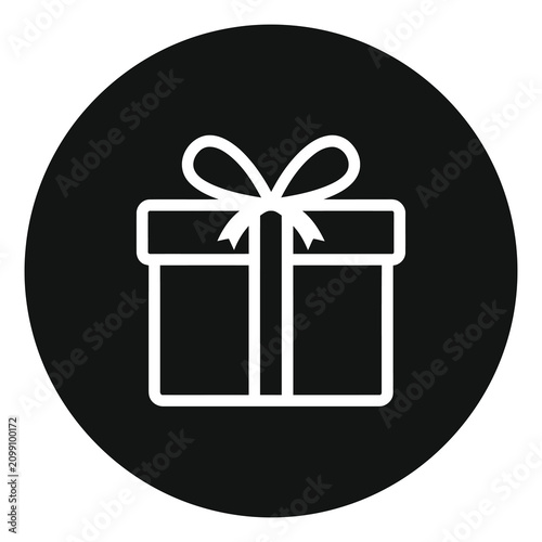 White gift box icon with ribbon on dark circle background icon