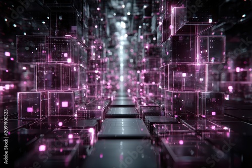 Futuristic digital matrix background with neon purple light cubes and abstract technology infrastructure design concepts