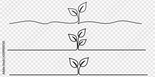 Continuous Line Art of Growing Seedlings, transparent background, One continuous line growing sprout set. Hand drawn doodle line art plant, Eco friendly sprout silhouettes presented in a clean line.