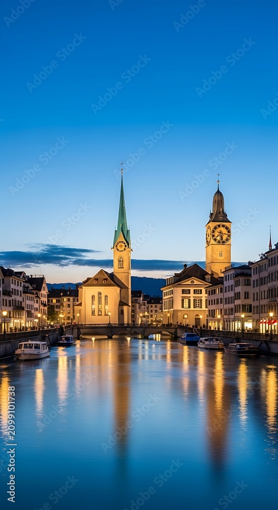 Fototapeta premium Night View of Historic Cityscape with Reflections on Water.