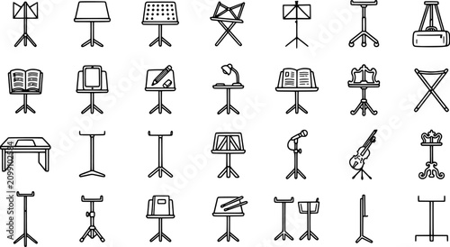 Music stand icon set in a flat line art style including portable, adjustable, orchestral, conductor, digital tablet and folding book stands.