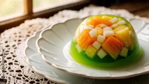 Fruit jelly dome resting on plate by window with tablecloth