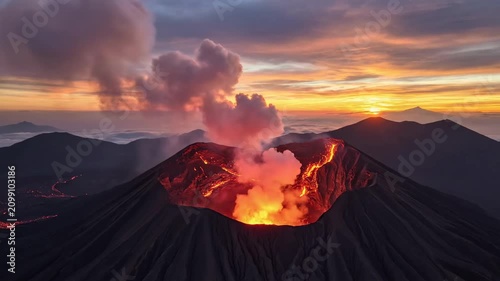 Eruption of a volcano at sunset in El Salvador with lava flow and smoke
