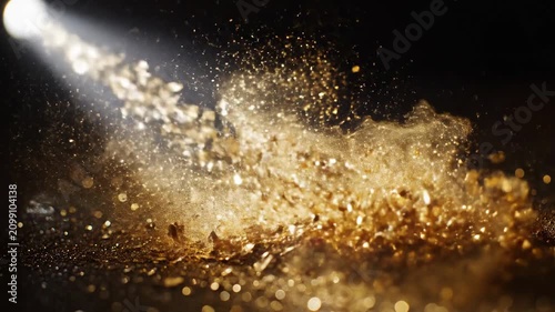 Shining gold dust flies from a surface under bright light at a close distance