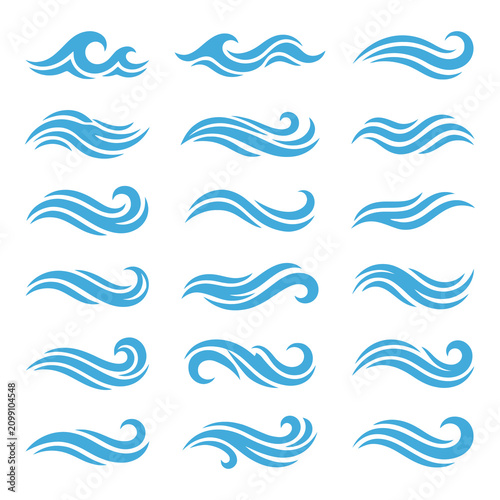 Collection of various blue wave icons in different shapes and sizes on white background icon