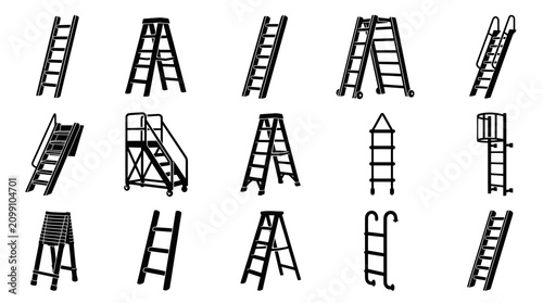 Various Ladders Vector Icons. Black  White Glyph Set for Construction, Maintenance, and Work Safety.