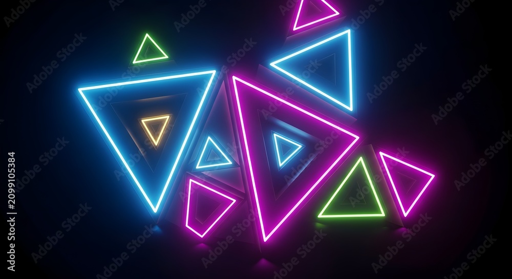 Fototapeta premium Colorful neon triangle composition with glowing blue pink and green shapes on dark black background.