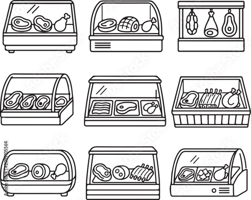 A collection of black and white line art icons depicting various refrigerated meat display.