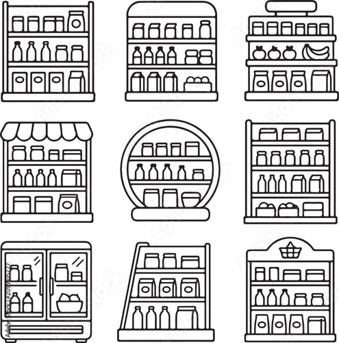 A collection of line art icons depicting various supermarket store shelves filled with.