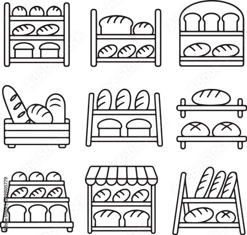 A collection of simple black and white line art icons depicting various bakery shelves.