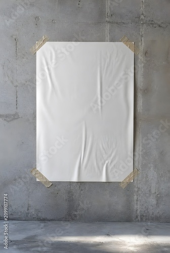 Blank White Paper Poster Mockup Taped to a Grey Concrete Wall with Wrinkled Texture and Natural Light