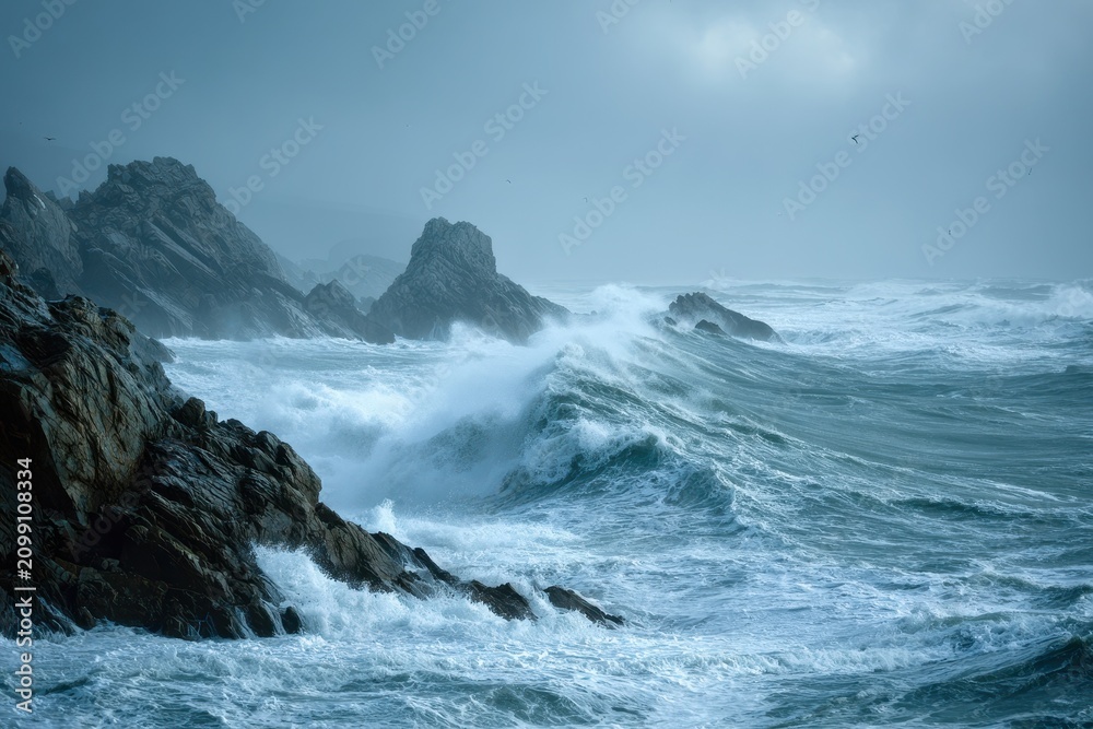 Fototapeta premium Coastal seascape in a storm: powerful waves, spray, and gray skies over a rugged shoreline