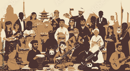 Diverse Group of People from Around the World with Cultural Heritage and Instruments Illustration
