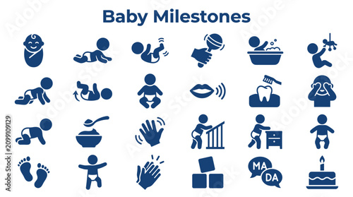 Quadro su tela Baby Milestones Icons Collection: First Year Development Stages Including Crawli