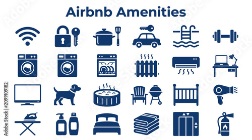 Tableau sur toile Collection of Airbnb amenities icons representing services and features for gues