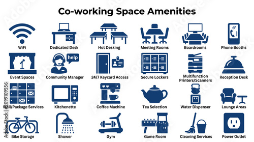 Foto Co working space amenities graphic illustration showing wifi dedicated desk hot