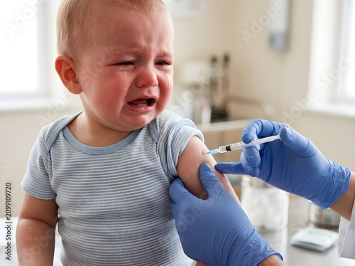 Crying baby receiving a vaccine injection. Infant getting a medical shot at the clinic.
