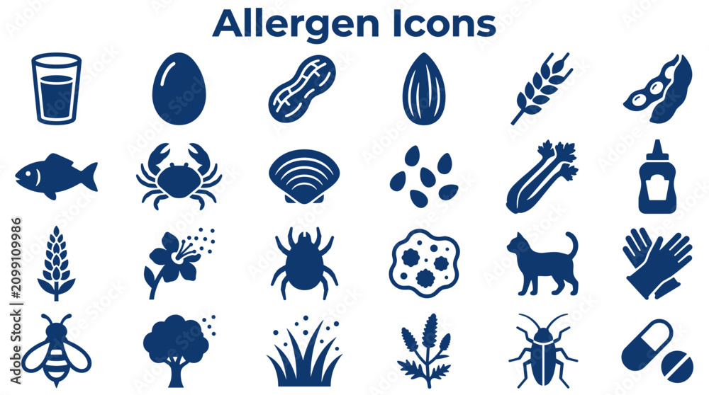 Fototapeta premium Set of allergen icons representing common food and environmental triggers for allergies, including peanuts, milk, eggs, fish, shellfish, soy, wheat, nuts, pollen, insects, and pets.