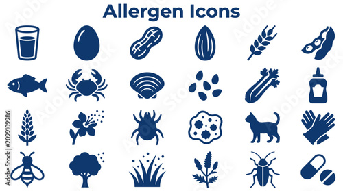 Vászonkép Set of allergen icons representing common food and environmental triggers for allergies, including peanuts, milk, eggs, fish, shellfish, soy, wheat, nuts, pollen, insects, and pets