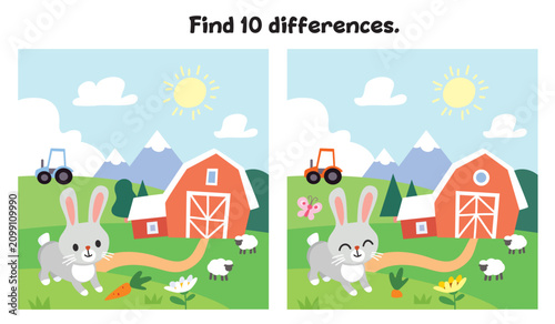 Find the differences hidden objects Items in the picture puzzle game. Attention task. Worksheet. Countryside landscape, some rural place, barn, domestic animals at farm Educational game for children.