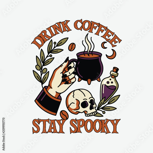 Halloween coffee graphic. Spooky drink illustration