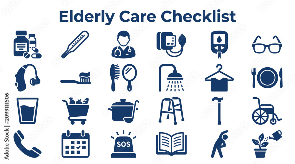 Fototapeta premium Elderly Care Checklist Icons Representing Health Medical Assistance Daily Living Needs And Support Services For Seniors