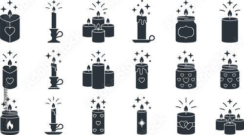 Foto Decorative Candle Icon Collection with Jar Candles, Pillar Candles, Tealights, A
