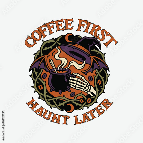 Halloween coffee logo. Spooky coffee cup design