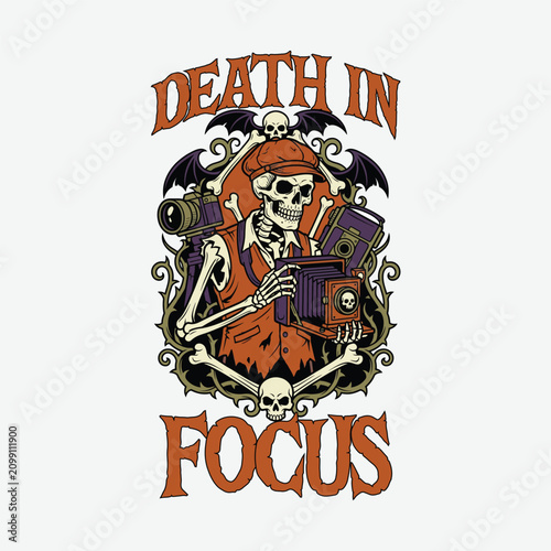 Skeleton photographer with cameras. Death in focus logo design