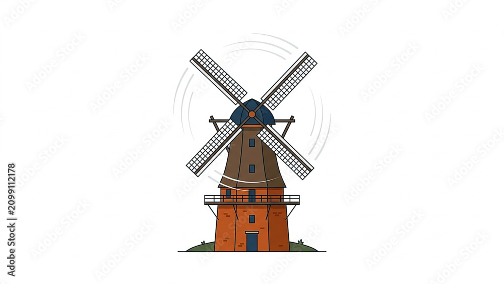 Fototapeta premium Traditional Dutch Windmill Spinning Illustration