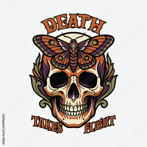 Halloween death skull with butterfly wings takes flight. Spooky gothic skeleton mascot for horror and Dia de los Muertos designs.
