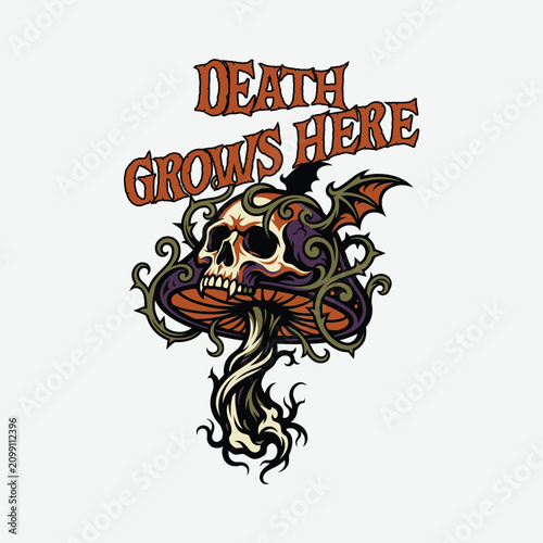 Halloween skull mushroom. Death grows here tattoo design.