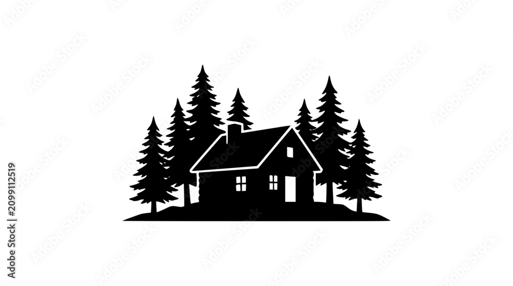 Fototapeta premium Black and white silhouette of a rustic cabin in a pine forest